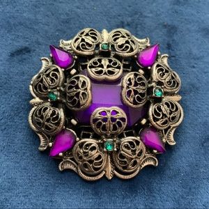 Pewter Tone Brooch with purple and green rhinestones